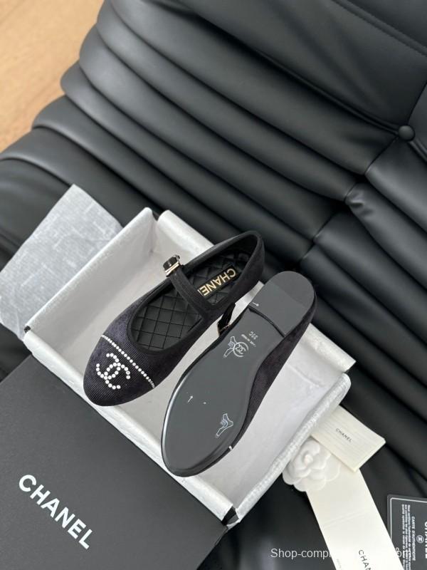 2025 Women Chanel Black Velvet Mary Jane Embroidered LY00280