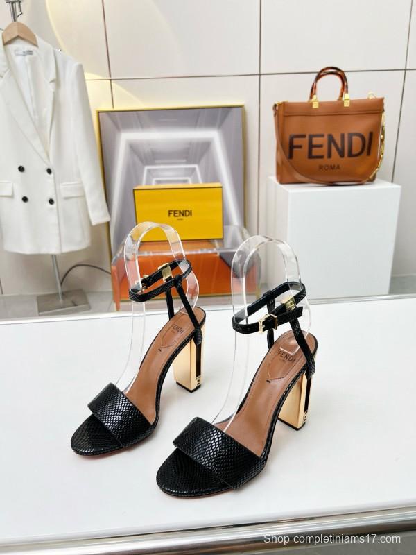 2025 Women Fendi Black Leather High Heel Sandals MJ00251