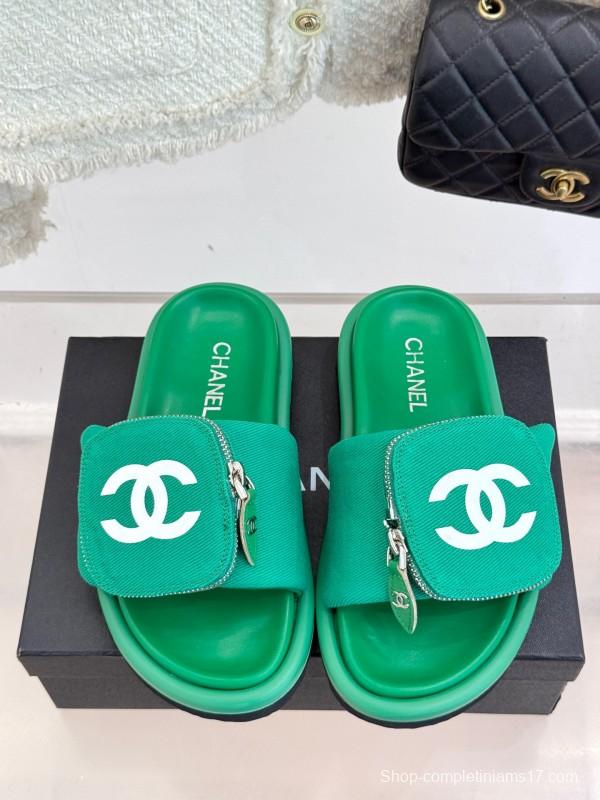 2025 Slippers Chanel Green Canvas Women Slippers KFY00220