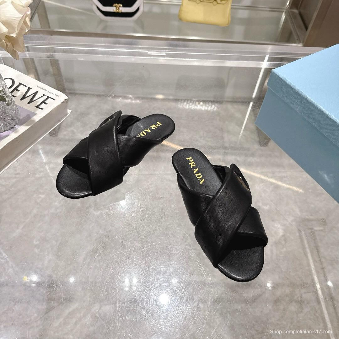 2025 Women Prada Black Leather Slippers