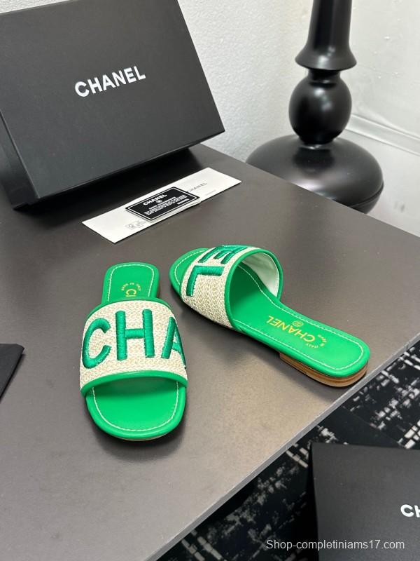 2025 Women Chanel Green Canvas Slippers