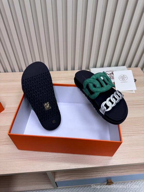 2025 Slippers Hermès Green Black Suede Leather Slippers