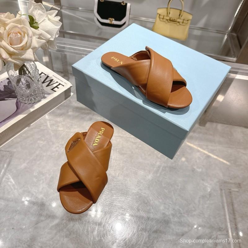 2025 Women Prada Brown Leather Slippers
