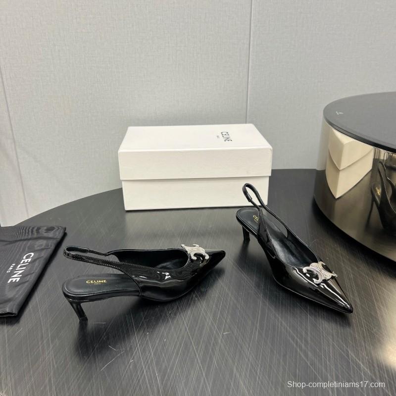 2025 Women Celine Black Patent Leather Slingback Heels KFY00290