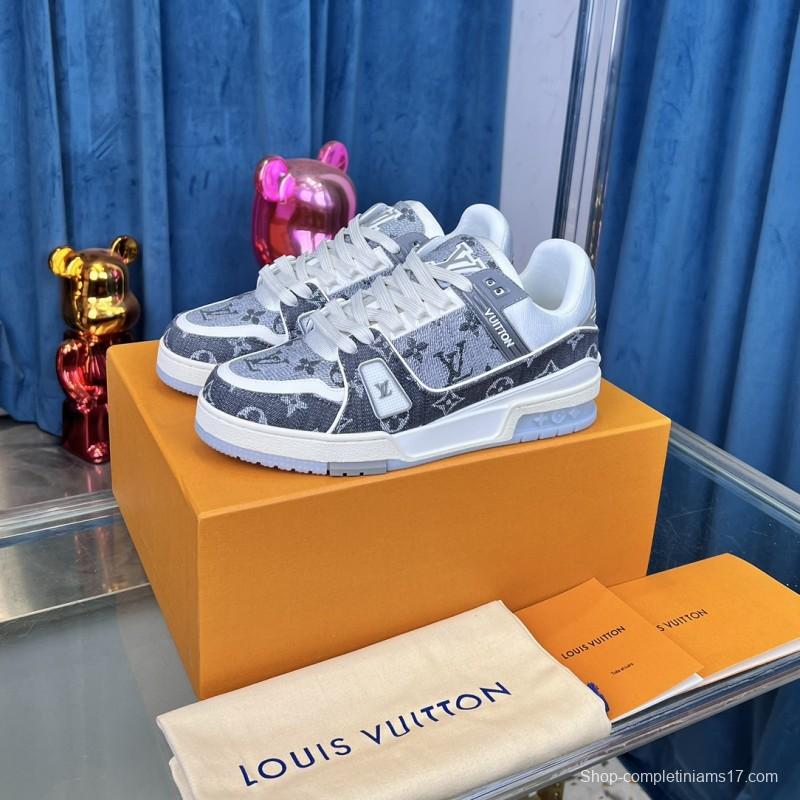 2025 Unisex Louis Vuitton Grey White Fabric Leather Sneakers