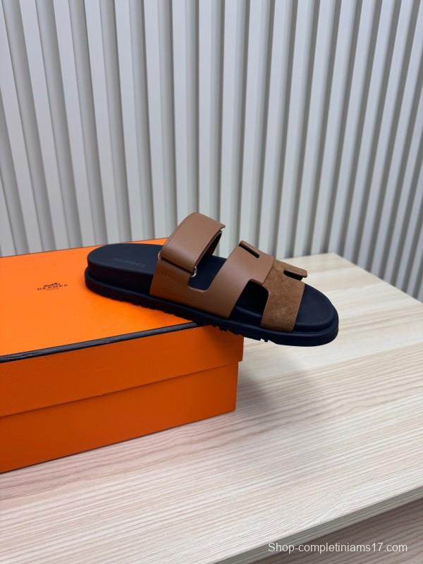 2025 Slippers Hermès Brown Black Leather Nubuck Slippers