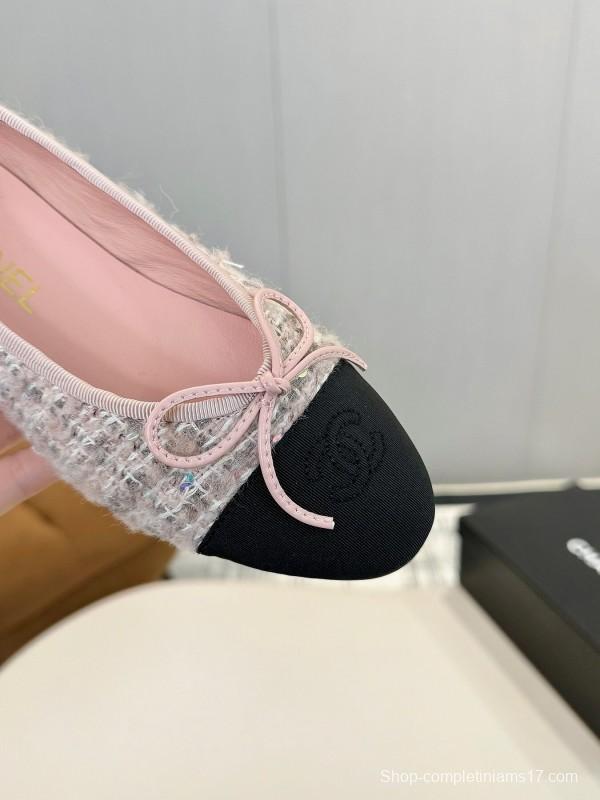 2025 Women Chanel Pink Black Sheepskin Tweed Ballet Flat LY00250