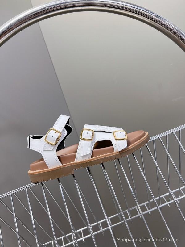 2025 Women Celine White Leather Sandals Buckle KFY00280