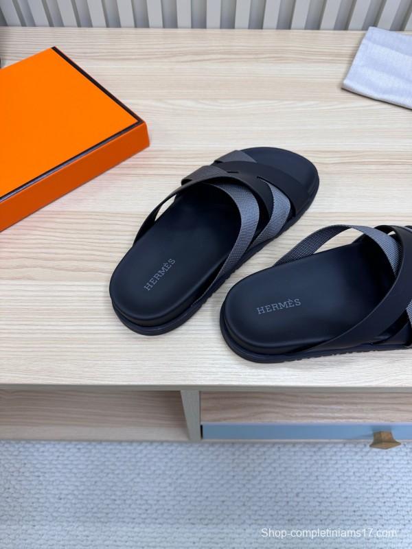 2025 Unisex Hermès Black Grey Leather Slippers
