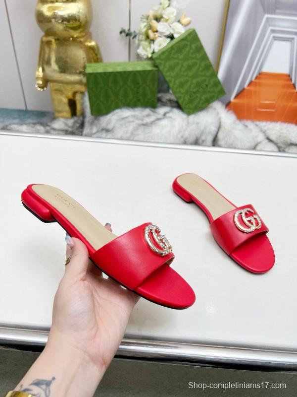 2025 Gucci Red Leather Slippers GG Ornament MJ00190