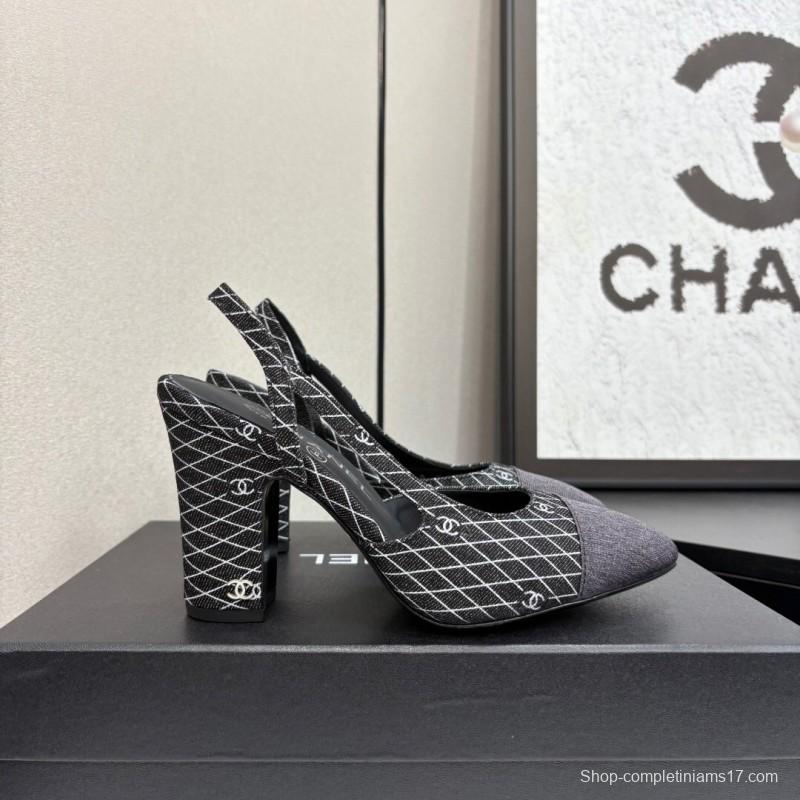 2025 Women Chanel Black Grey Fabric Slingback Heels LY00270