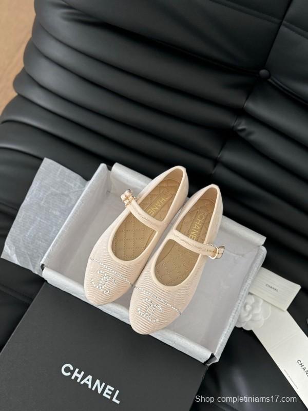 2025 Women Chanel Beige Fabric Mary Jane Embroidery LY00280