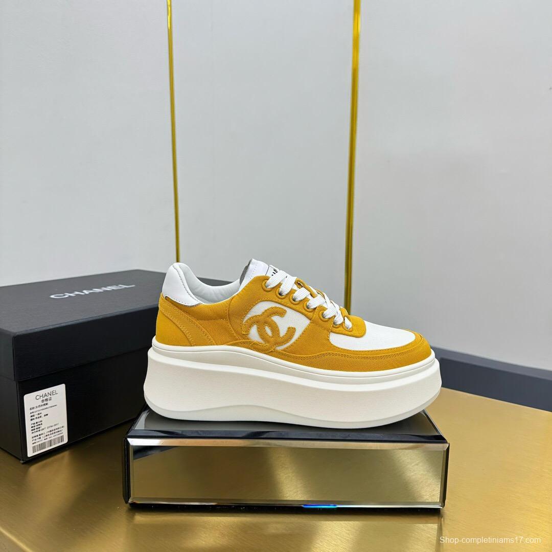 2025 Women Chanel Yellow White Canvas Leather Platform Sneakers