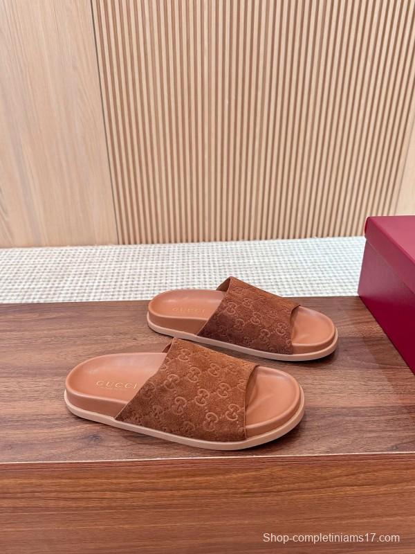 2025 Women Gucci Brown Suede Leather Slippers