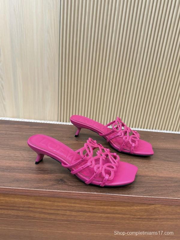 2025 Women Loewe Pink Leather Heeled Sandals LY00210