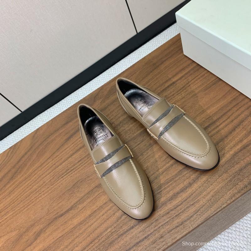 2025/Women Brunello Cucinelli Almond Leather Loafers Handmade Chain Detail LY00360(F)