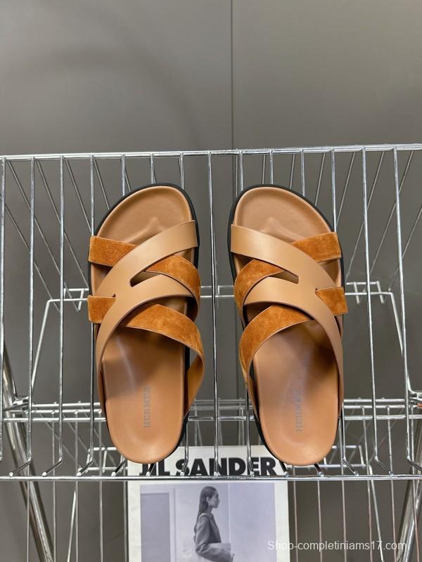 2025 Slippers Hermès Brown Suede Leather Slippers