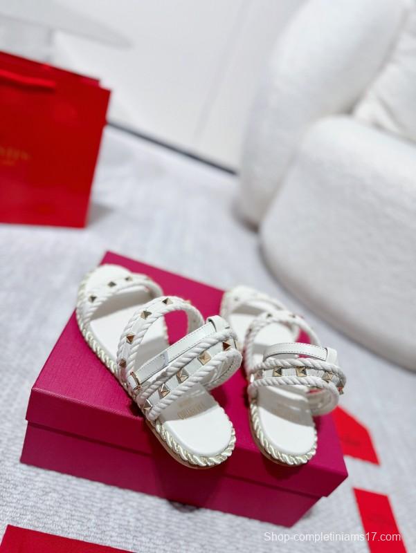 2025 Women Valentino White Leather Sandals Studded LY00250