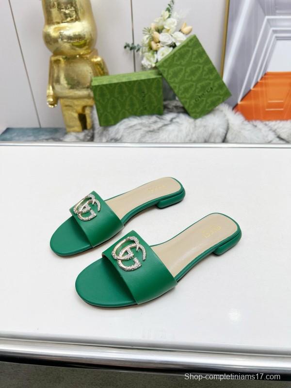 2025 Women Gucci Green Leather Flat Heel Slippers Double G Buckle MJ00190