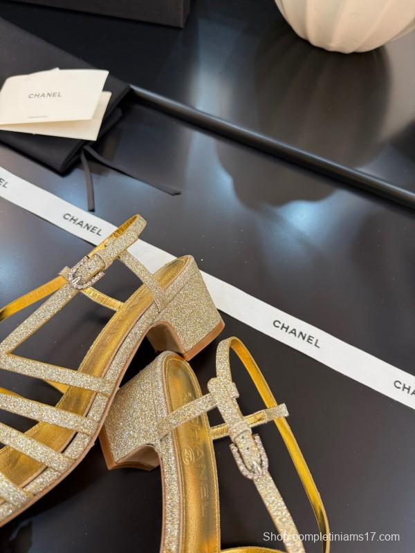 2025 Women Chanel Gold Fabric Sandals KFY00289