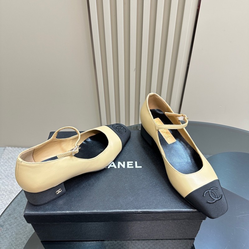 2025 Women Chanel Beige Black Leather Mary Jane Shoes KFY00290