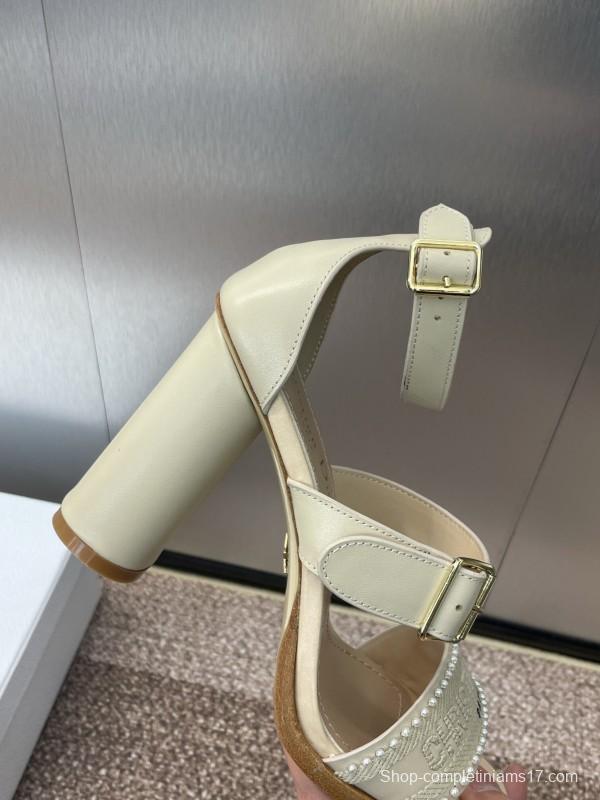 2025 Women Dior Beige Calf Leather Sheepskin Pearl Embroidered High Heel Sandals KFY00320