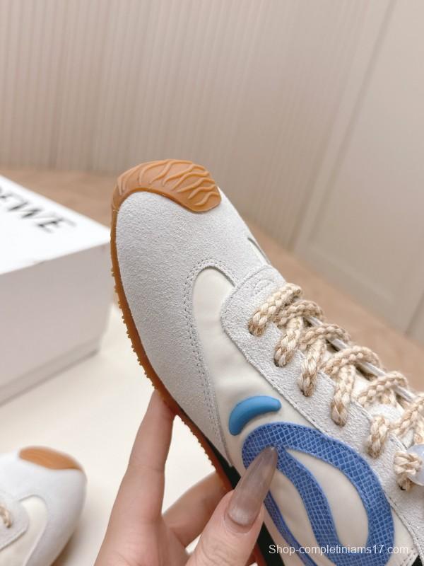 2025 Unisex Loewe White Blue Suede Mesh Casual Sneakers KFY00300