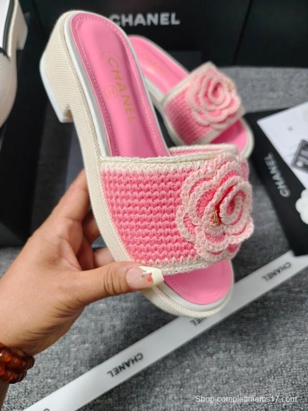 2025 Slippers Chanel Pink Straw Slide Floral LY00360