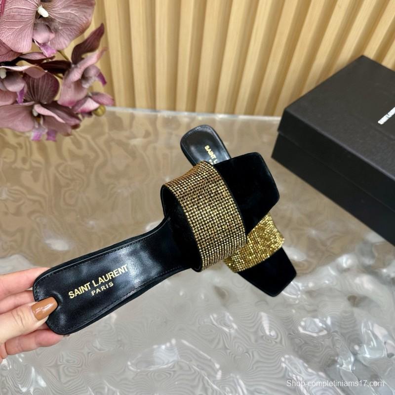 2025 Women Yves Saint Laurent Black Gold Rhinestone Leather High Heel Sandals MJ00300