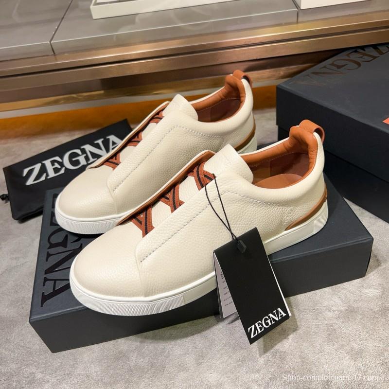 2024 Men Ermenegildo Zegna White Brown Calf Leather Pelletessuta Sneakers Elastic Detail MJ00280