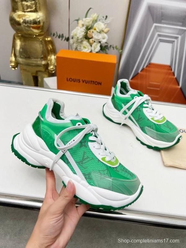2025 Unisex Louis Vuitton Green White Leather Mesh Rubber Sneakers Monogram LY00340