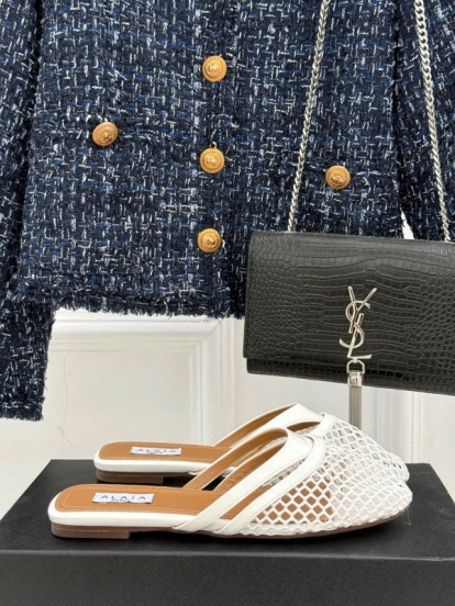 2025 Slippers AlAIA White Leather Mesh Flat Shoes