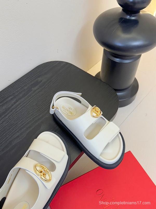 2025 Women Valentino White Leather Sandals V Buckle KFY00320
