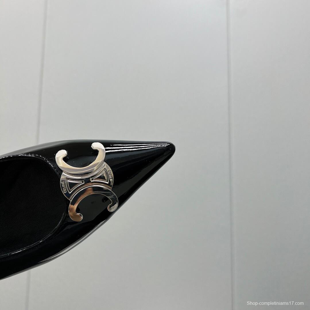 2025 Women Celine Black Patent Leather Slingback Heels KFY00290