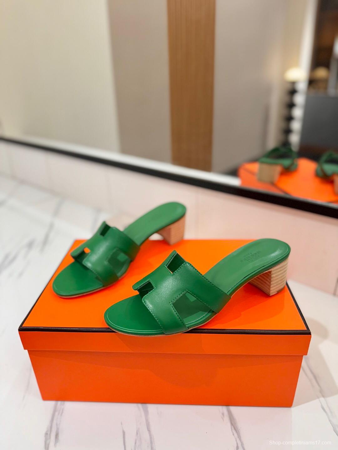 2025 Women Hermès Green Leather Sandal