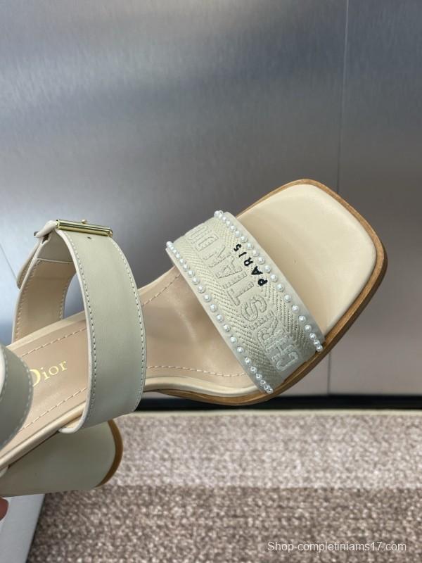 2025 Women Dior Beige Calf Leather Sheepskin Pearl Embroidered High Heel Sandals KFY00320