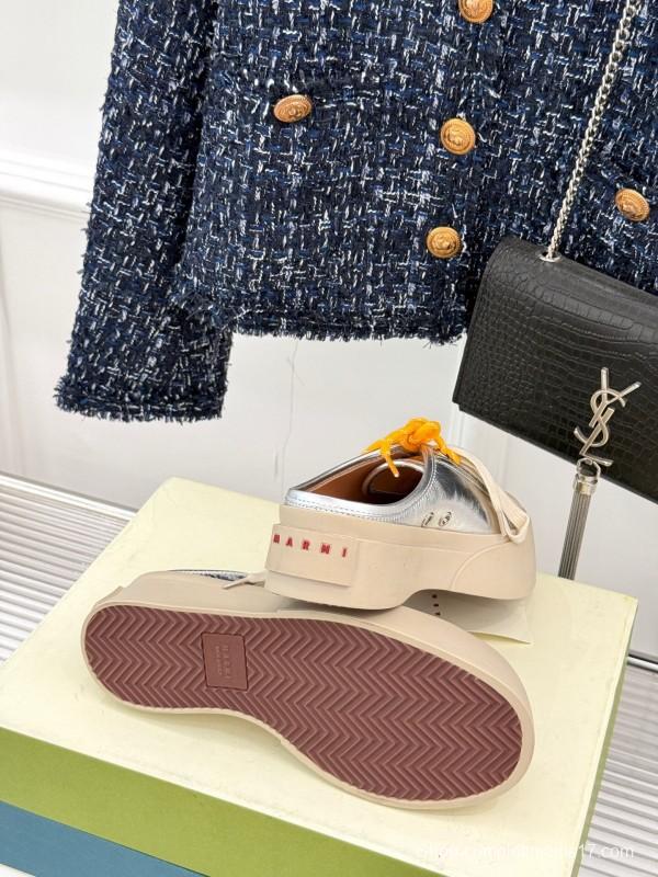 2025 Women Yves Saint Laurent Silver Leather Platform Sneakers With Orange And Beige Laces YSL123(F)