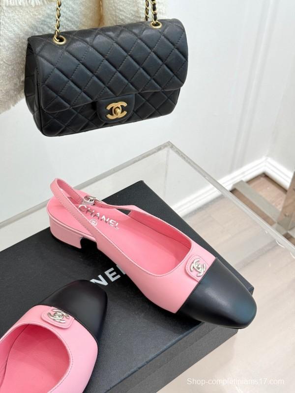 2025 Women Chanel Pink Black Leather Slingback Low Heel KFY00280