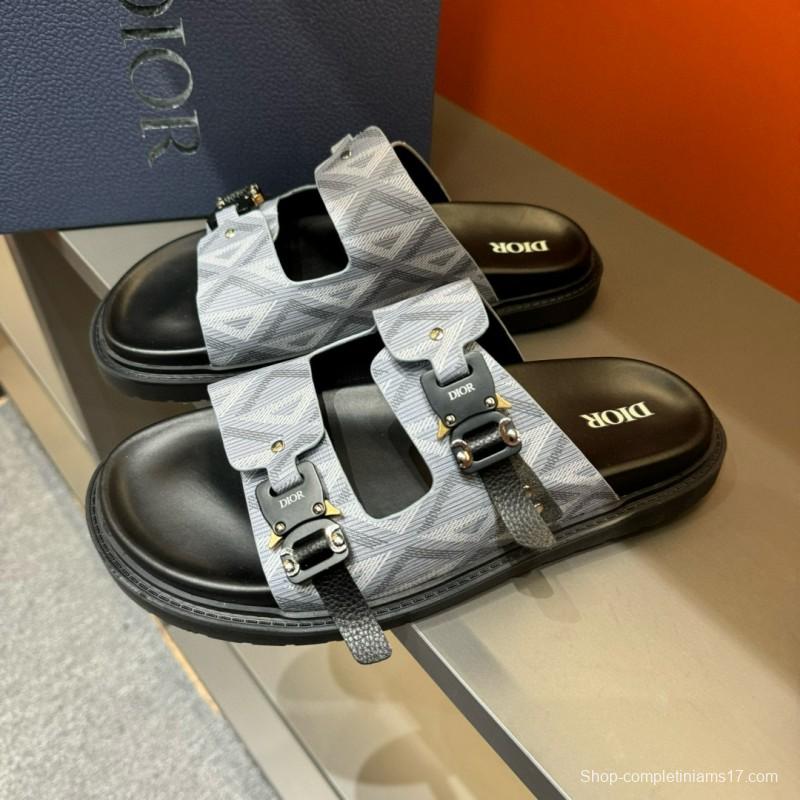 2024 Men Dior Grey Canvas Leather Sandals Buckle