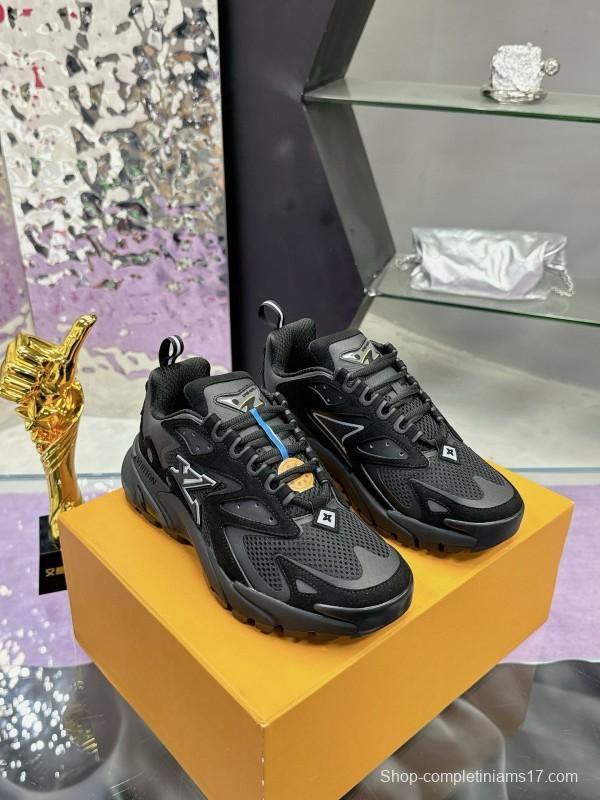 2025 Men Louis Vuitton Black Mesh Leather Sneakers MJ00420