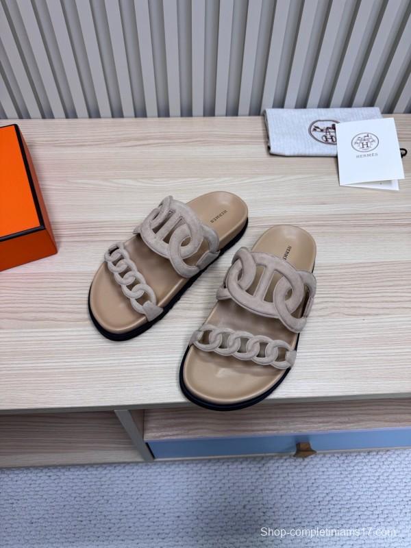 2025 Women Hermès Beige Suede Slippers