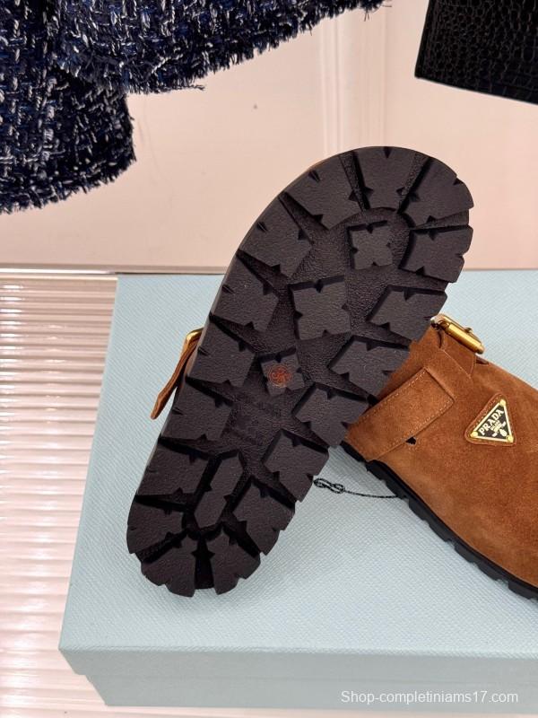 2025 Women Prada Brown Suede Slippers KFY00280