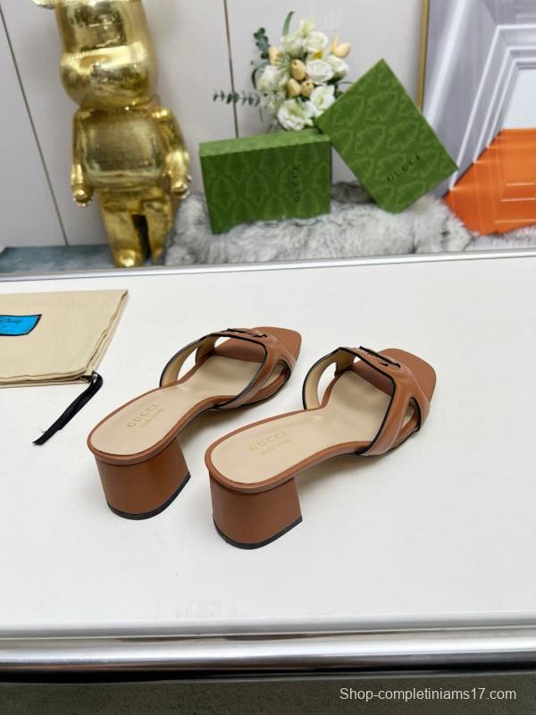 2025 Gucci Brown Leather Slippers MJ00190