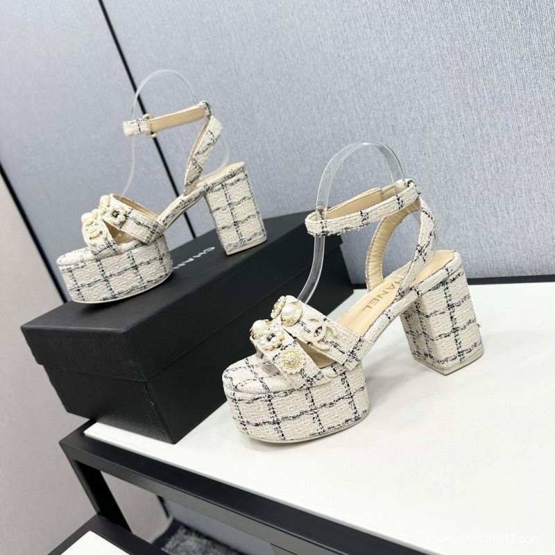 2025 Women Chanel Beige Black Tweed Leather Platform Sandals MJ00310
