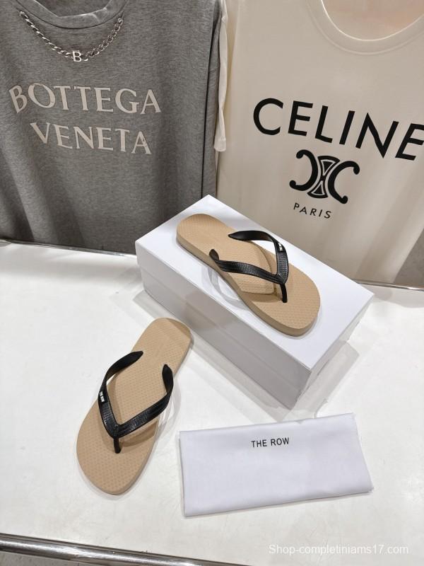 2025 Unisex The Row Beige And Black Leather Casual Flip-Flops Handmade KFY00160