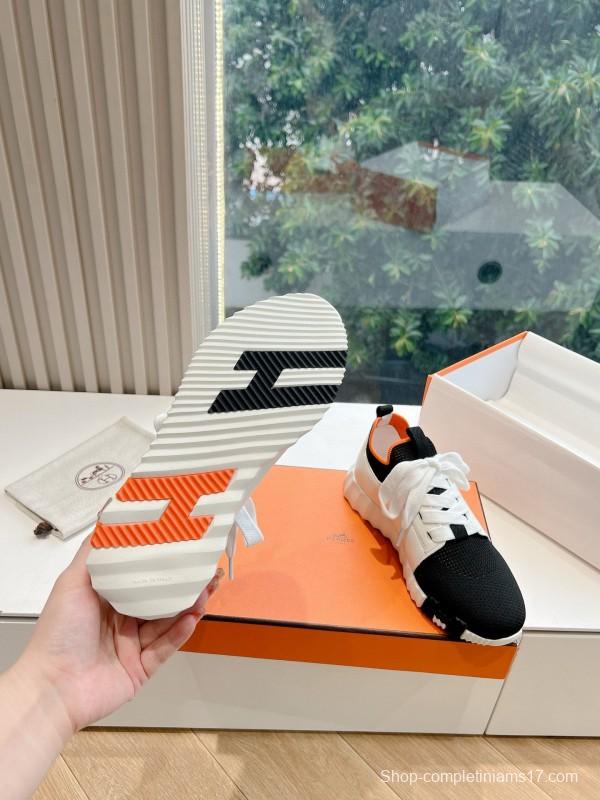 2024 Unisex Hermès Black White Orange Calfskin Suede Knitted Sneakers MJ00290