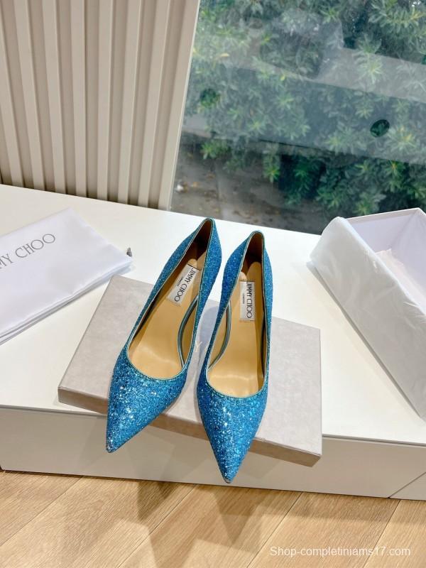 2025 Women Jimmy Choo Blue Glitter Leather Pumps