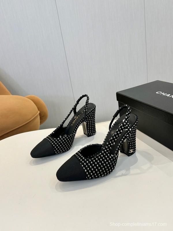 2025 Women Chanel Black White Tweed Leather Slingback Pumps