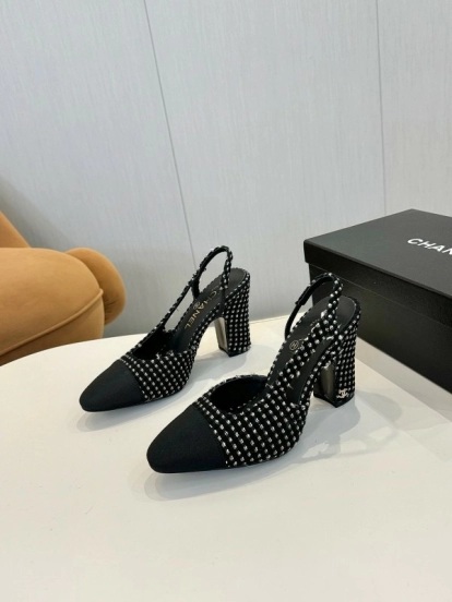 2025 Women Chanel Black White Tweed Leather Slingback Pumps