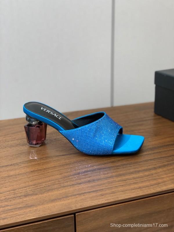 2025 Women VERSACE Blue Satin Slippers